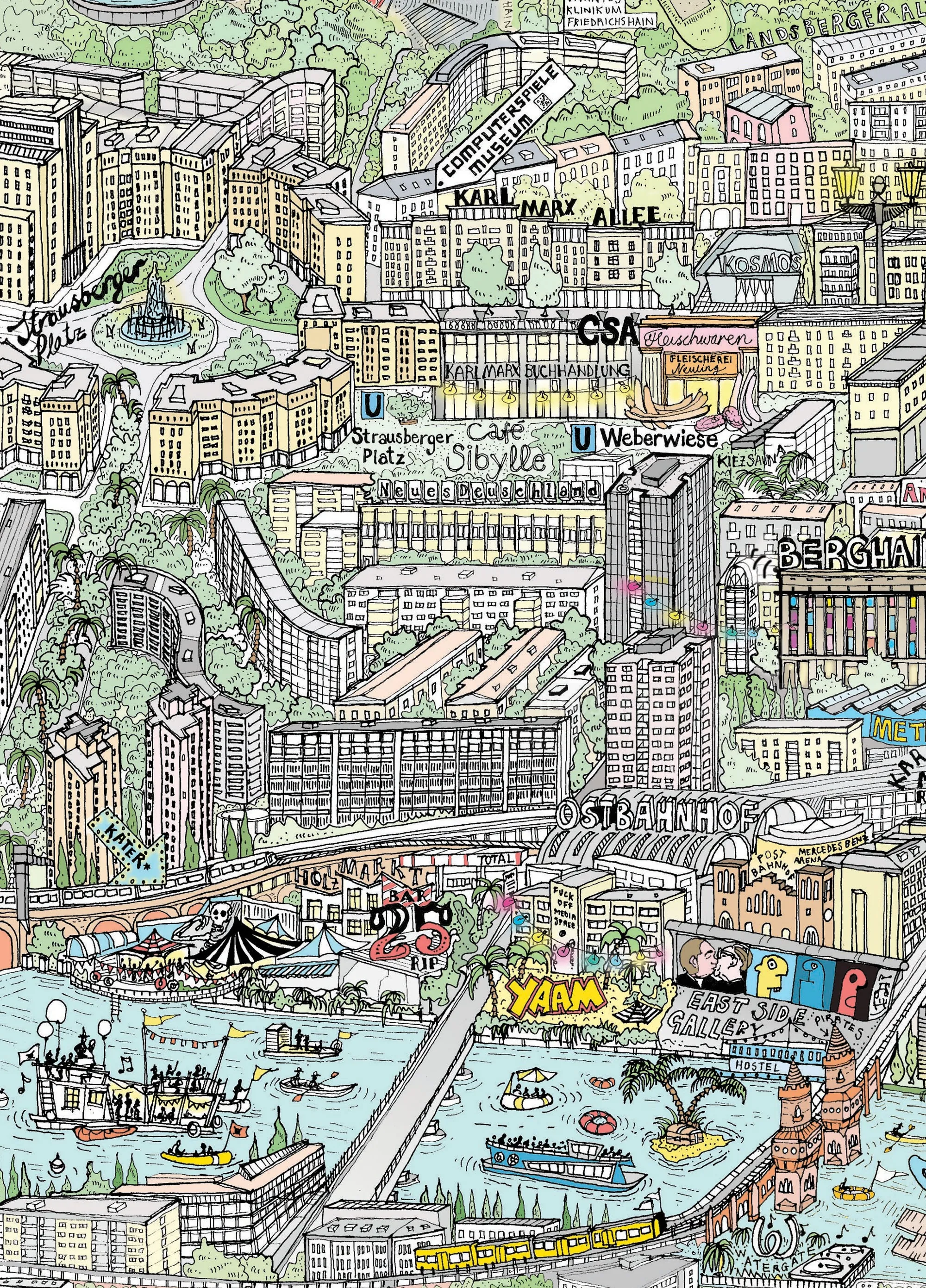 Carte de ville illustrée et détaillée par Katherine Kannon, avec bâtiments, rues, cours d'eau, parcs et bateaux.