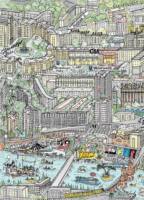 Carte de ville illustrée et détaillée par Katherine Kannon, avec bâtiments, rues, cours d'eau, parcs et bateaux.