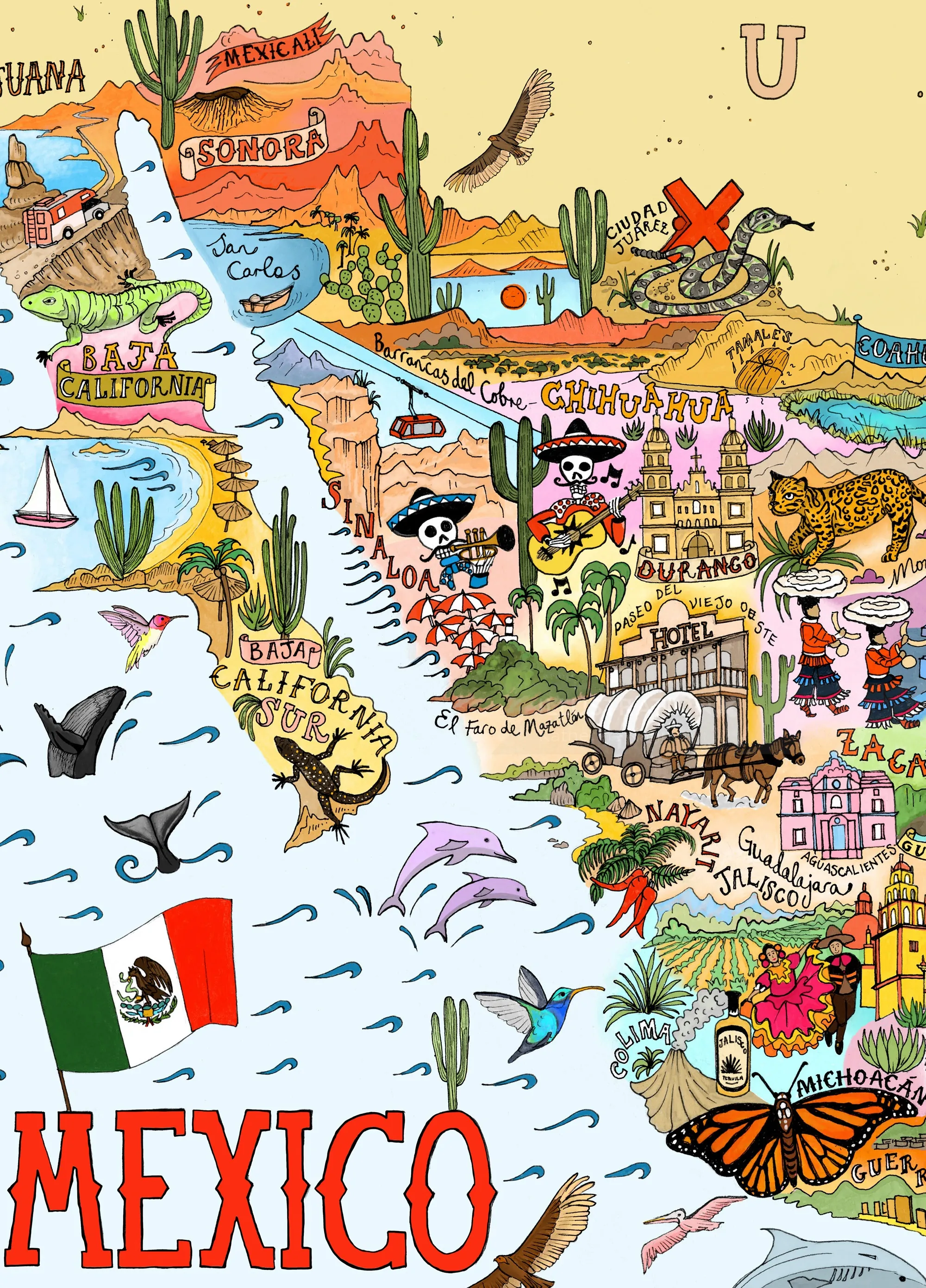 Carte illustrée du Mexique par Katherine Kannon, présentant les monuments, la faune et des scènes culturelles.