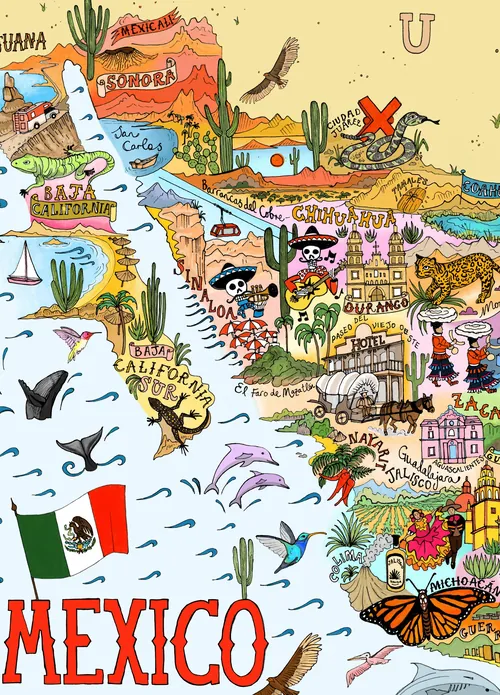 Carte illustrée du Mexique par Katherine Kannon, présentant les monuments, la faune et des scènes culturelles.