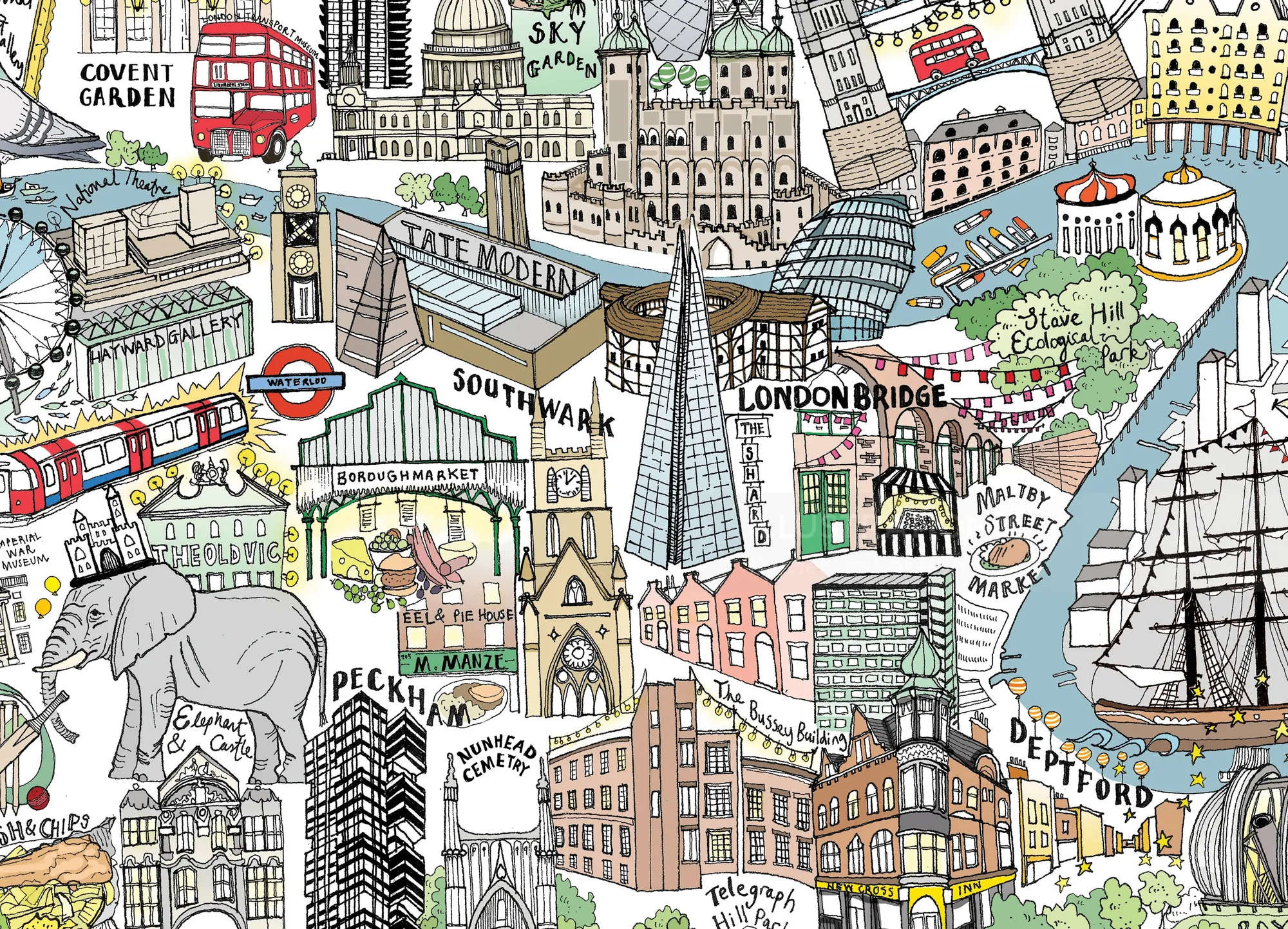 Carte illustrée de Londres par Katherine Kannon, avec les monuments et les quartiers.