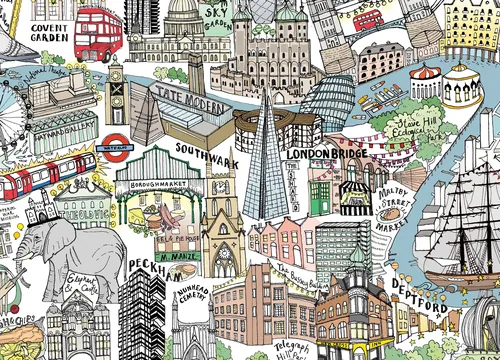 Carte illustrée de Londres par Katherine Kannon, avec les monuments et les quartiers.