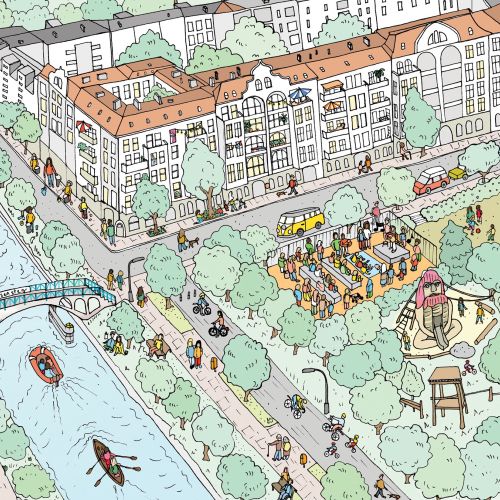Illustrated city canal with bridges, boats, buildings, and parks by Katherine Kannon.