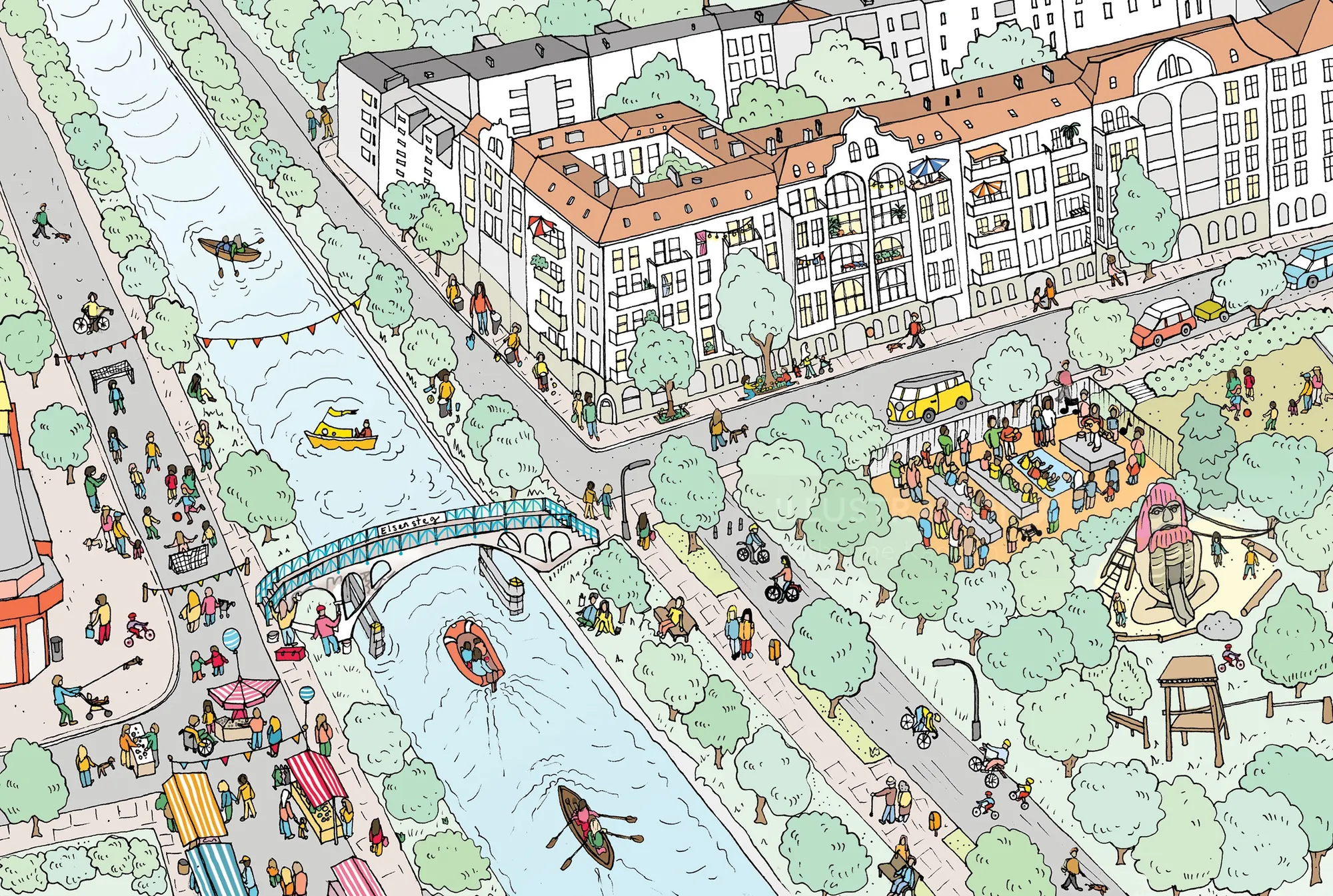 Canal urbain illustré avec ponts, bateaux, bâtiments et parcs, par Katherine Kannon.