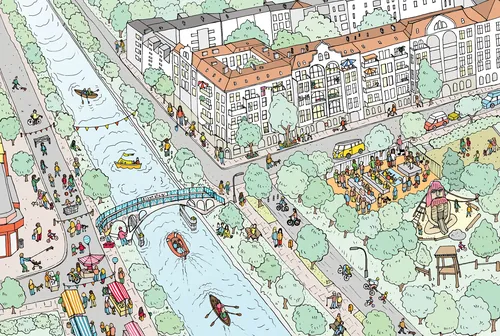 Canal urbain illustré avec ponts, bateaux, bâtiments et parcs, par Katherine Kannon.