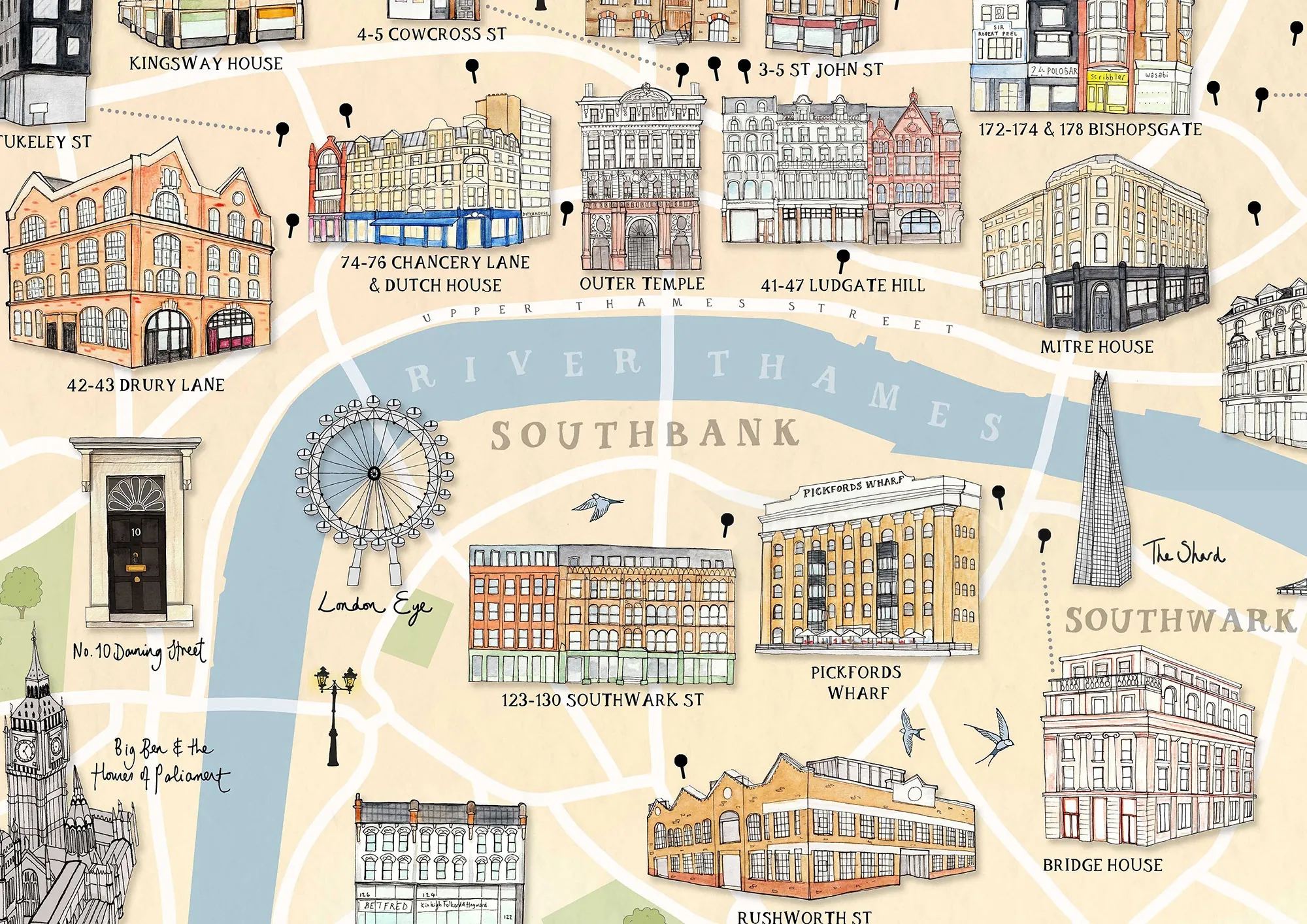 Carte illustrée des monuments londoniens de Southbank par Katherine Kannon