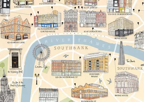 Carte illustrée des monuments londoniens de Southbank par Katherine Kannon