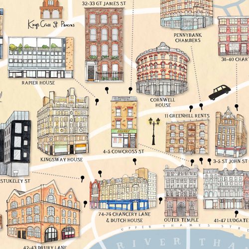 Illustrated architectural map of historic buildings by Katherine Kannon