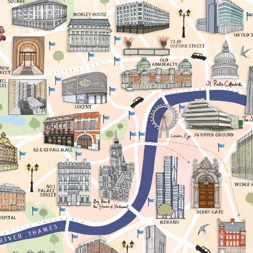 Illustrated London landmark map by Katherine Kannon featuring the Thames and historic buildings