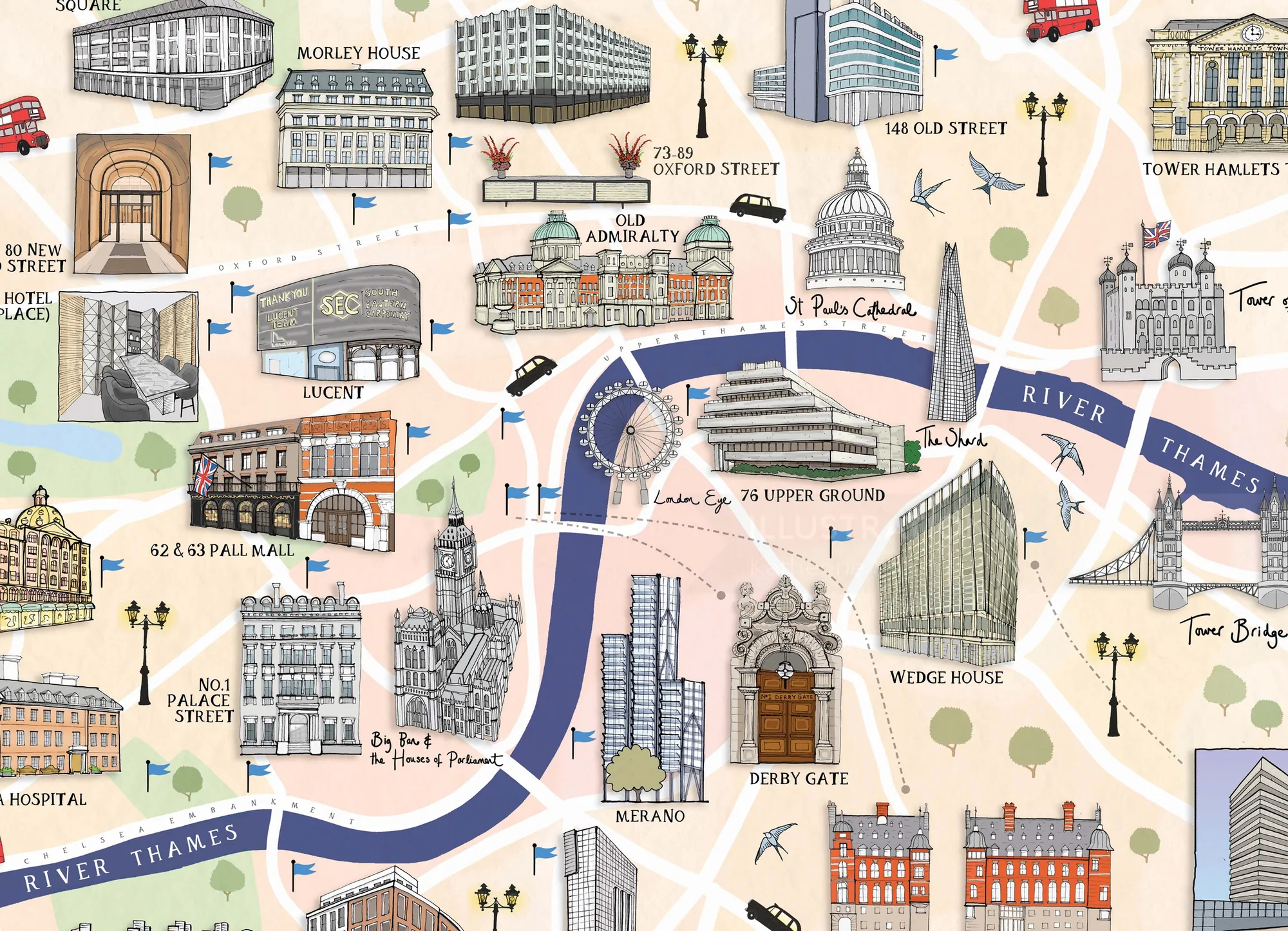 Carte illustrée des monuments de Londres par Katherine Kannon, présentant la Tamise et les bâtiments historiques
