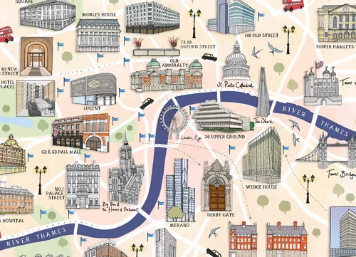 Carte illustrée des monuments de Londres par Katherine Kannon, présentant la Tamise et les bâtiments historiques