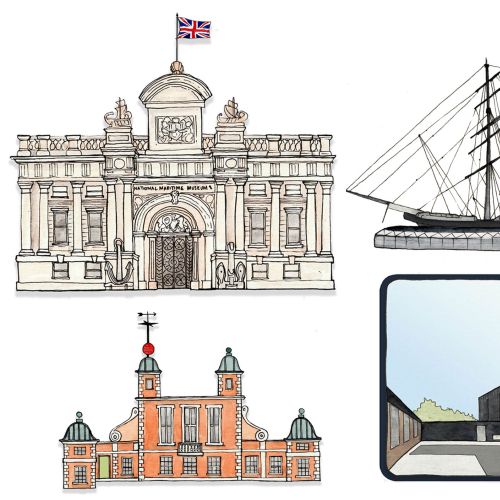 Illustration by Katherine Kannon of historic buildings, a sailing ship, and a modern waterfront stru