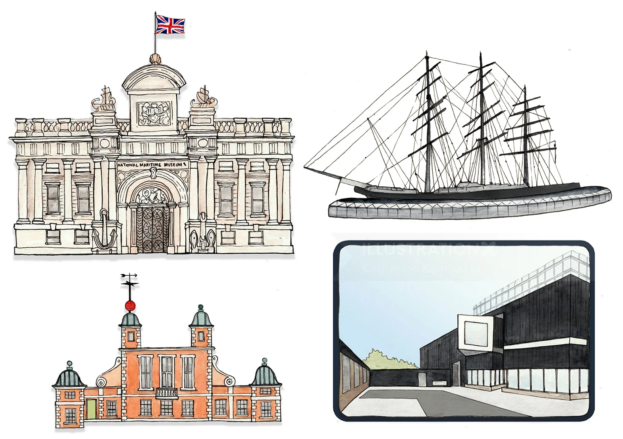 Illustration de Katherine Kannon représentant des bâtiments historiques, un voilier et une structure portuaire moderne.