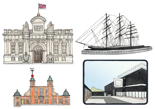 Illustration de Katherine Kannon représentant des bâtiments historiques, un voilier et une structure portuaire moderne.