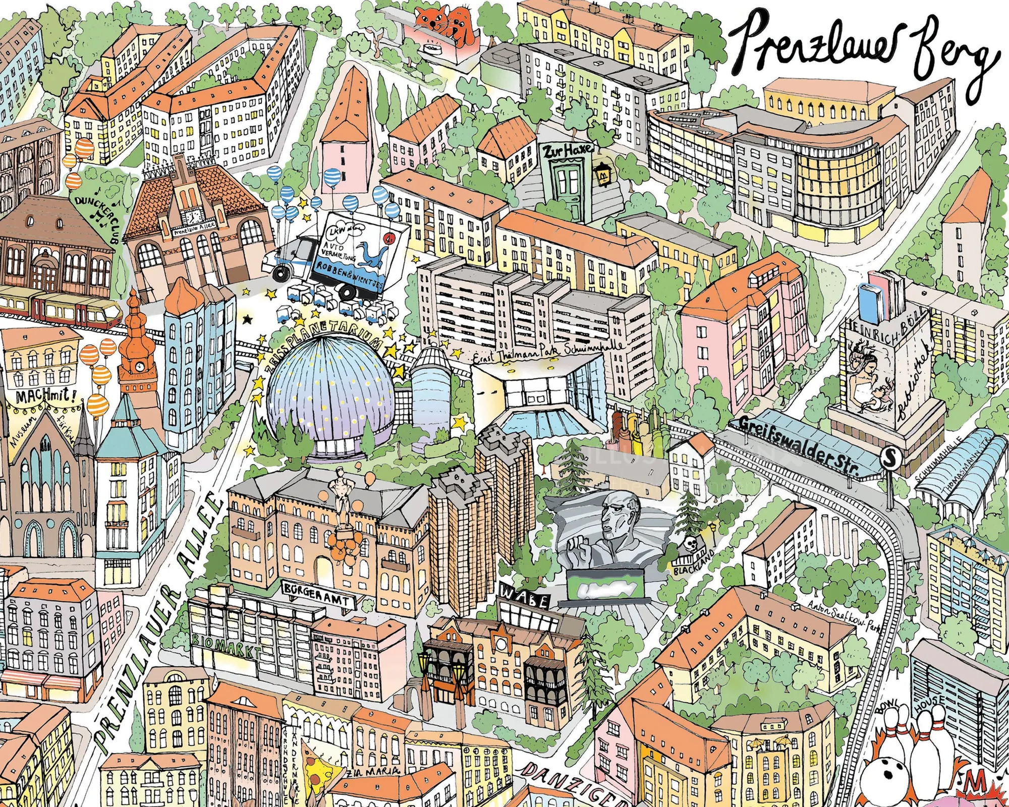 Illustration de Katherine Kannon représentant les monuments et les bâtiments colorés de Reykjavik