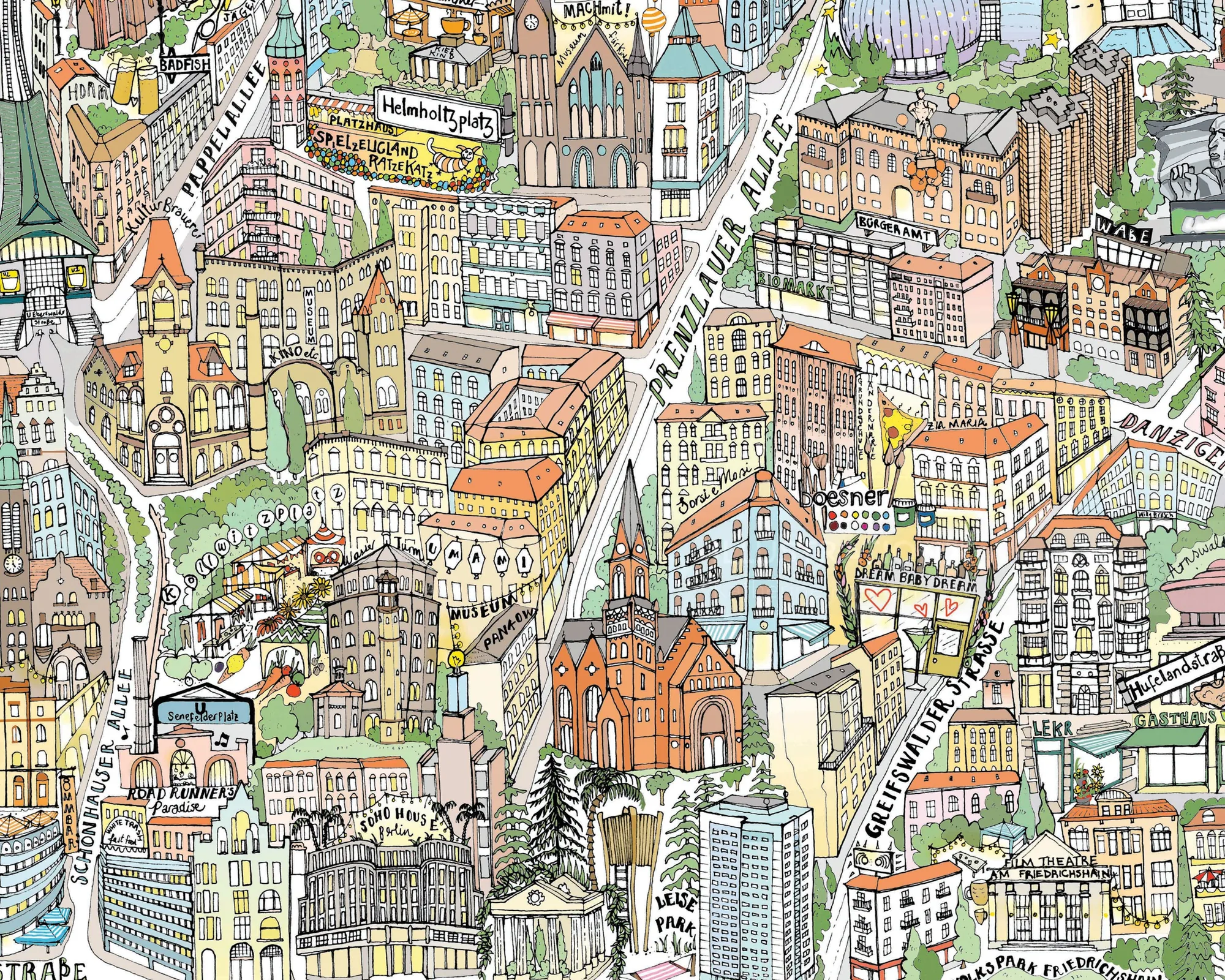 Plan de ville illustré avec bâtiments et rues par Katherine Kannon