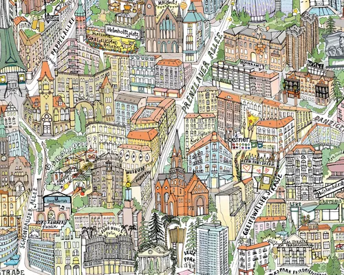 Plan de ville illustré avec bâtiments et rues par Katherine Kannon