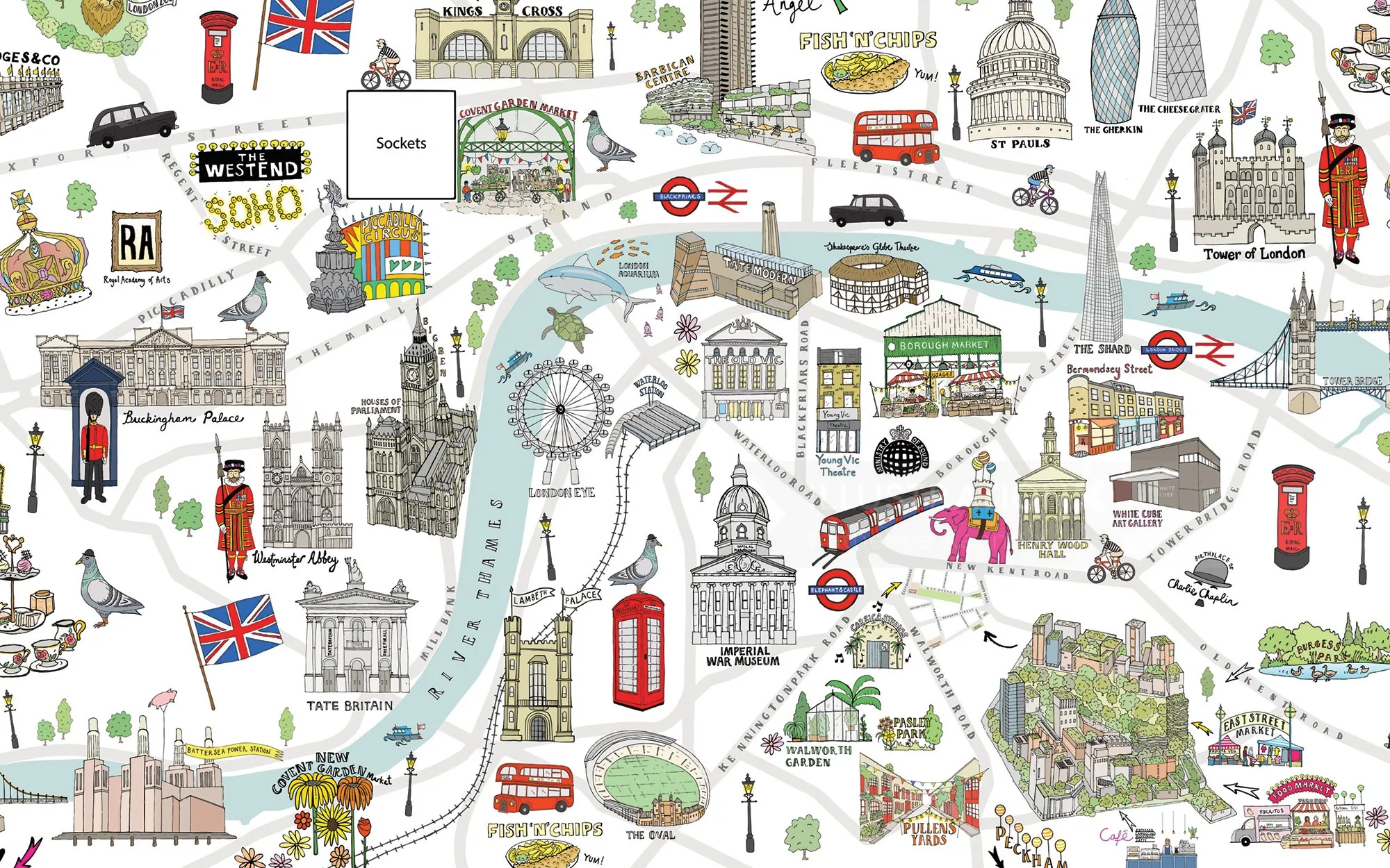 Carte illustrée de Londres avec monuments et symboles du métro par Katherine Kannon