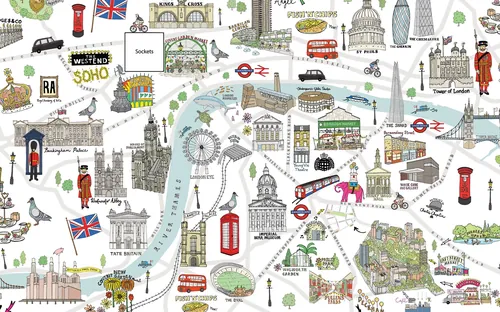 Carte illustrée de Londres avec monuments et symboles du métro par Katherine Kannon