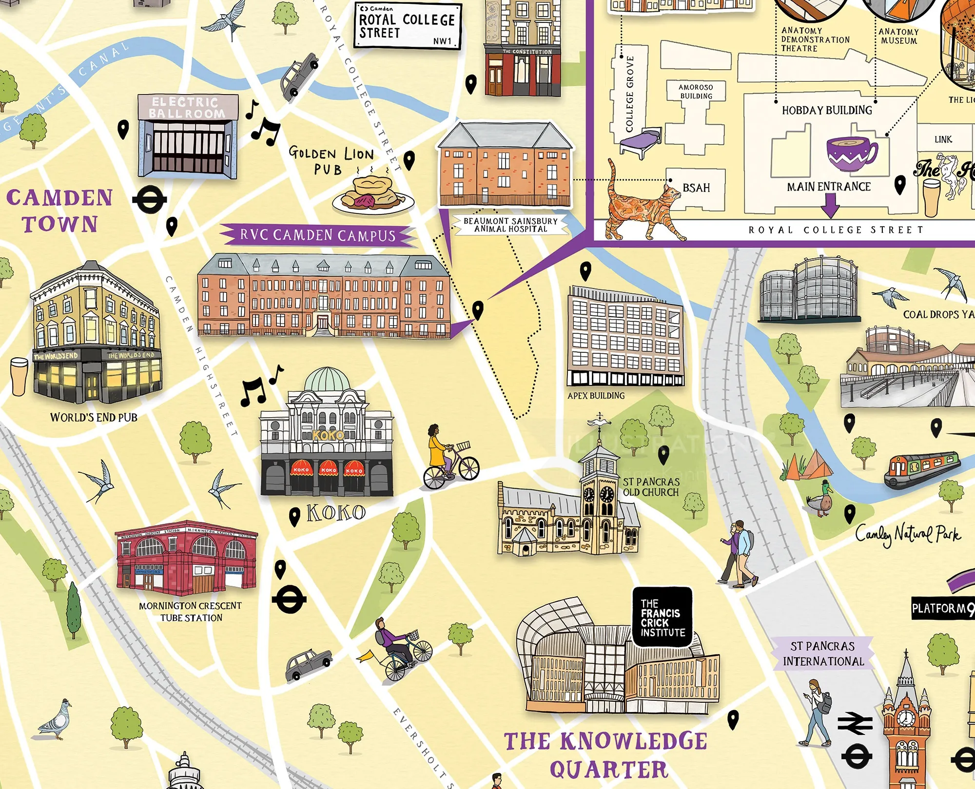 Plan illustré du campus avec les bâtiments et les points de repère par Katherine Kannon