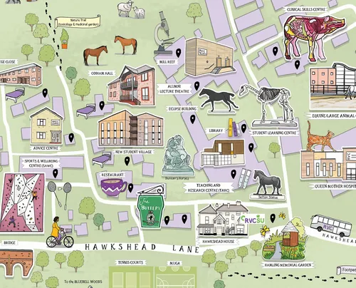 Carte illustrée du village de Hawkshead par Katherine Kannon, avec rues, points de repère, cottages et campagne.
