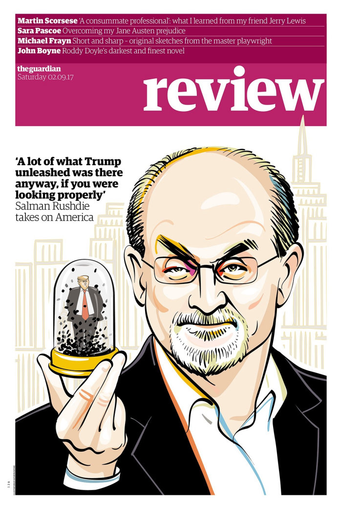 Salman Rushdie avec des photos du président américain pour The Guardian