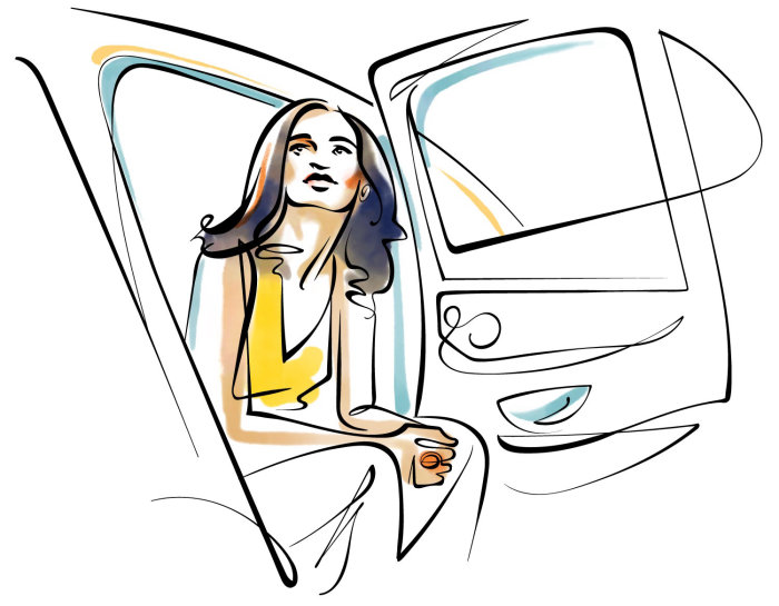 Line drawing of Girl in a car