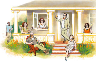 Dibujos de estilo de vida de una familia disfrutando de una bebida.