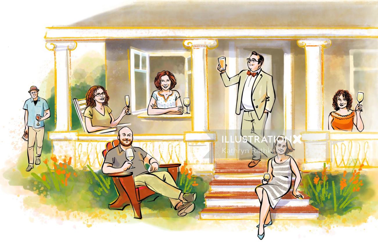 Lifestyle drawings of a family enjoying drink