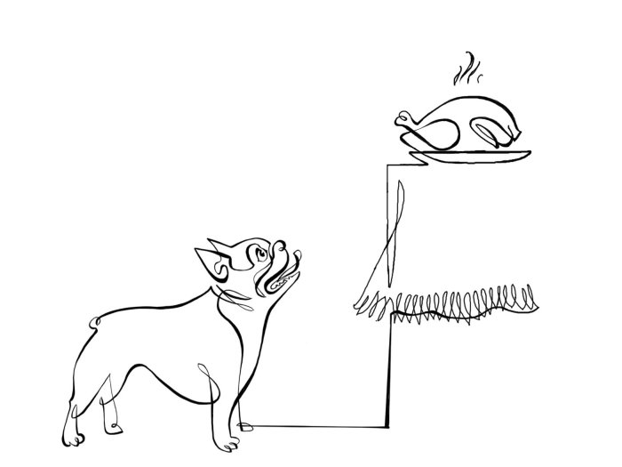 Gif mostra um cachorro babando em um frango grelhado.