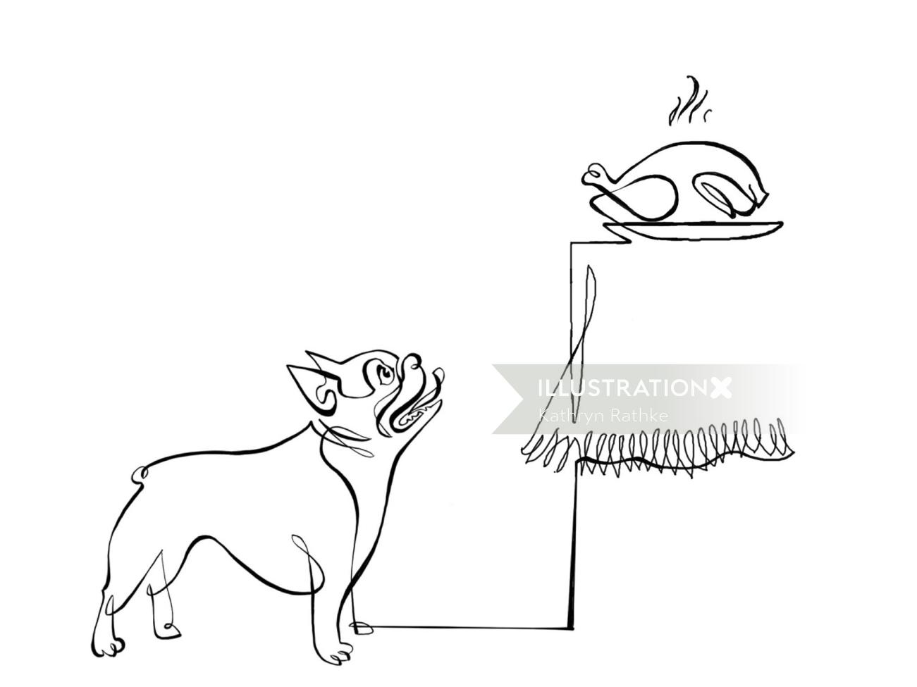 Gif 显示一只狗对着烤鸡流口水。