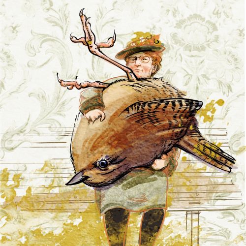 Woman awkwardly holding a large wren bird illustration