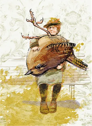 Woman awkwardly holding a large wren bird illustration