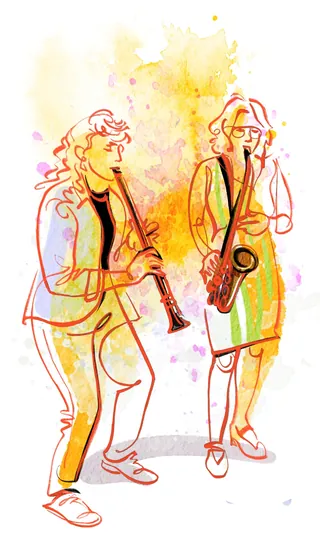 Two musicians playing clarinet and saxophone with watercolor background