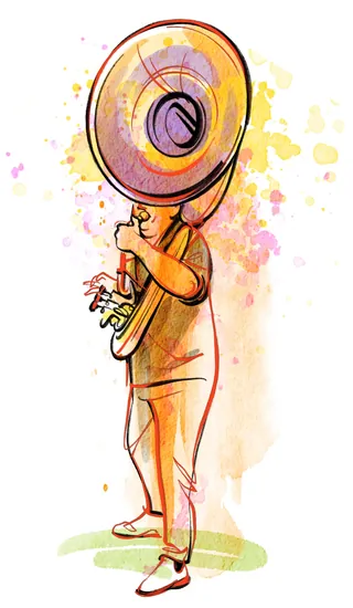 Watercolor painting of a tuba player in a suit