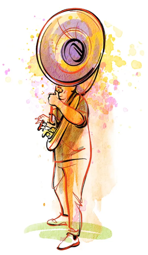 Watercolor painting of a tuba player in a suit