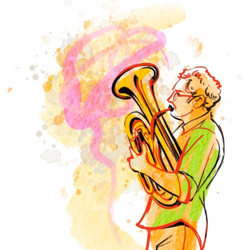 Vibrant artwork of tuba musician