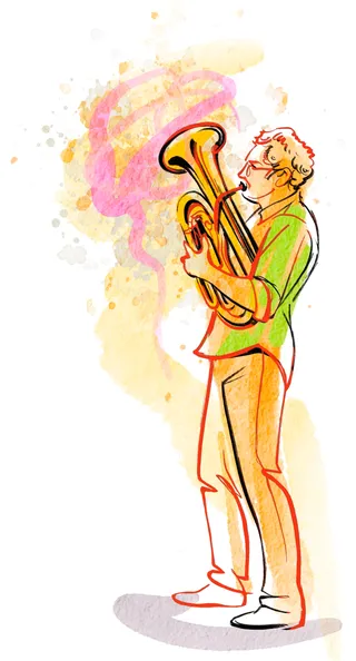 Vibrant artwork of tuba musician