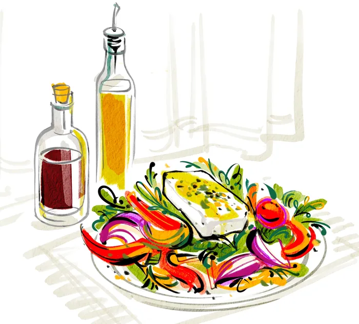 Line illustration of delicious Greek salad