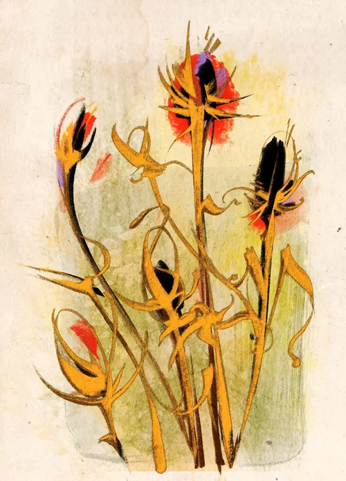 Artistic portrait of thistles with warm tones on textured background