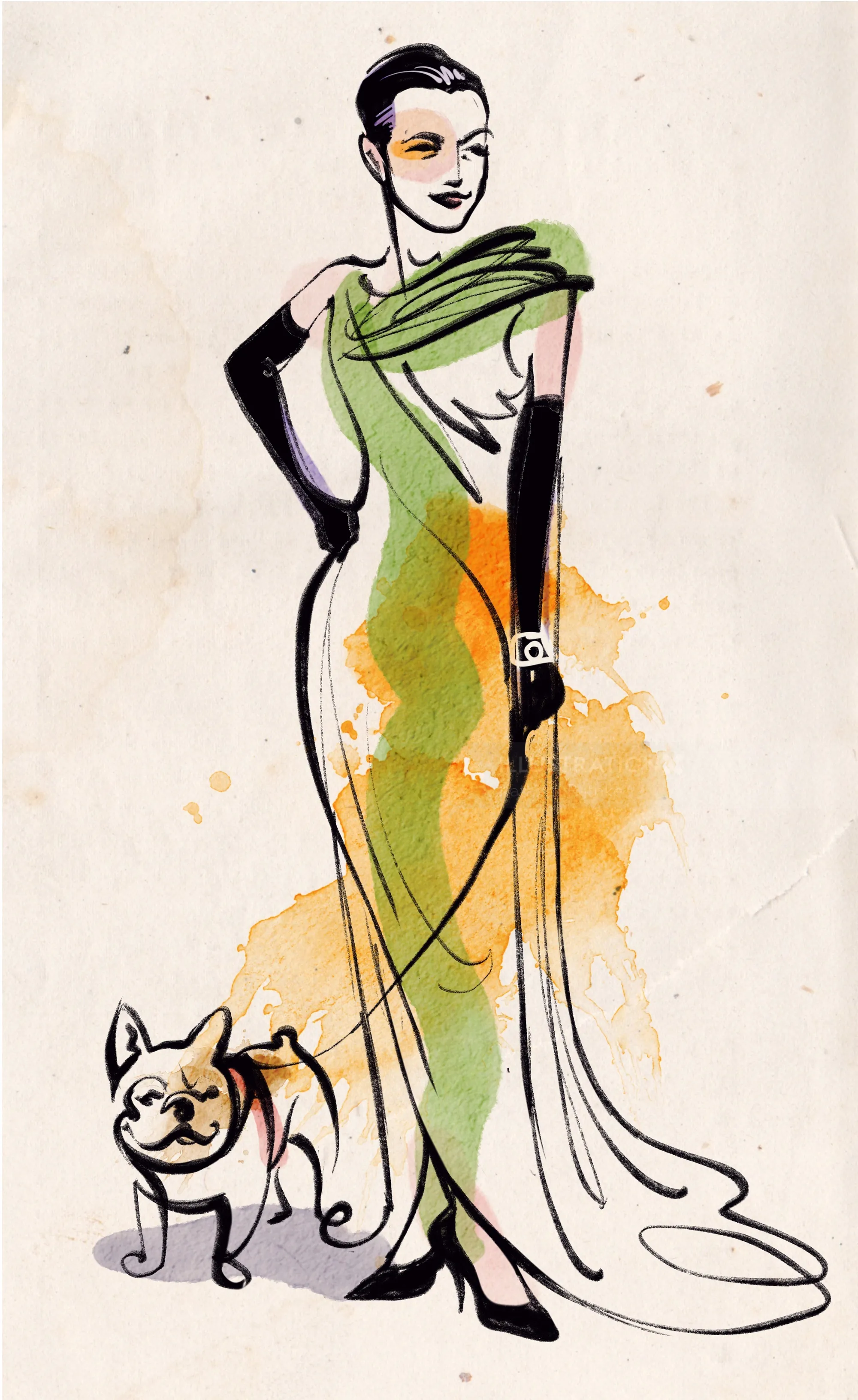Stylish woman in a long dress walking a small dog on a leash.
