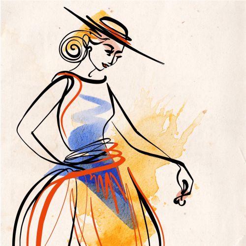 Illustration of a woman in a dress playing with a small dog