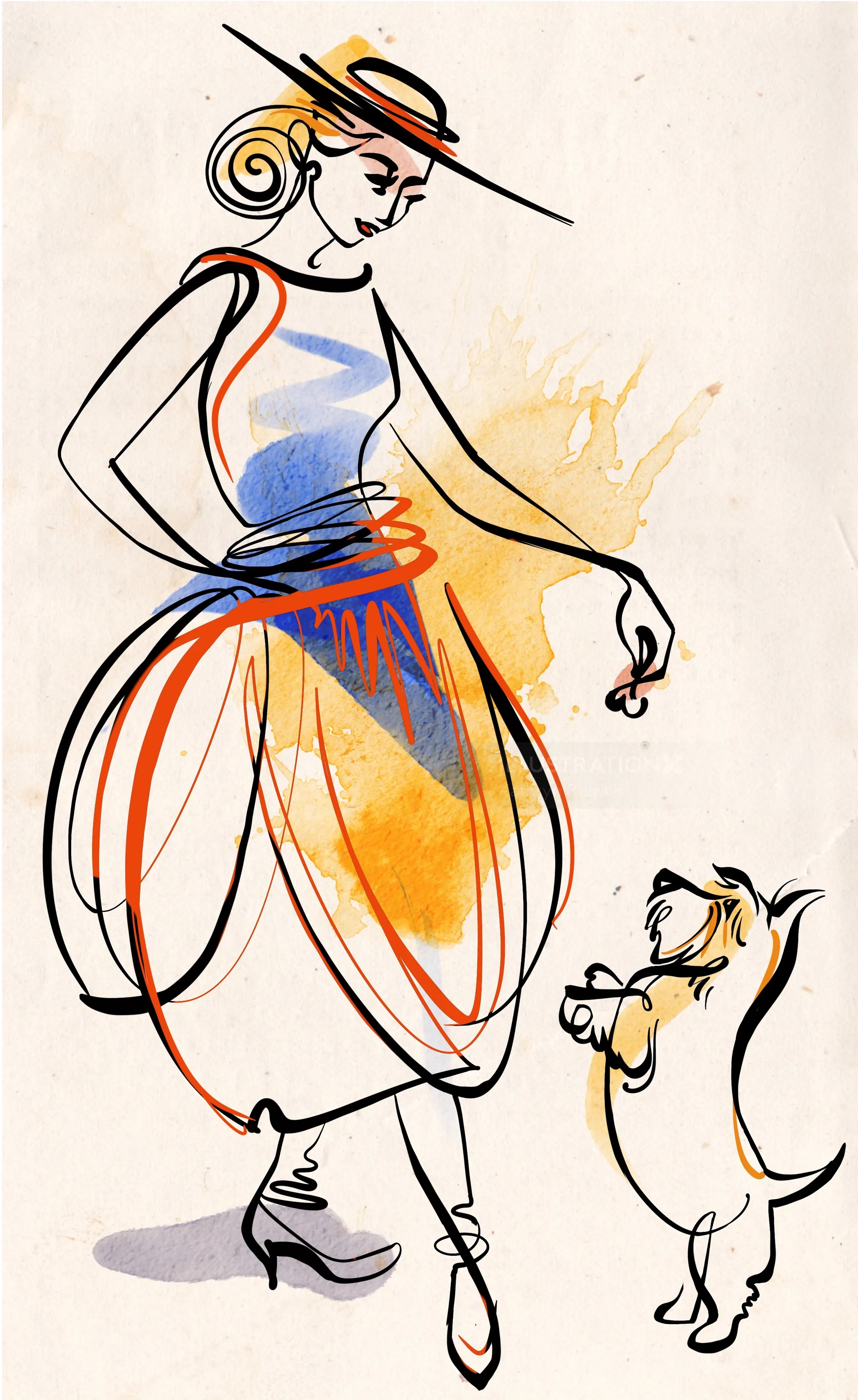 Illustration of a woman in a dress playing with a small dog