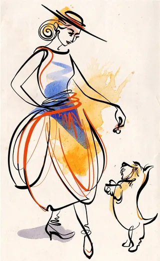Illustration of a woman in a dress playing with a small dog