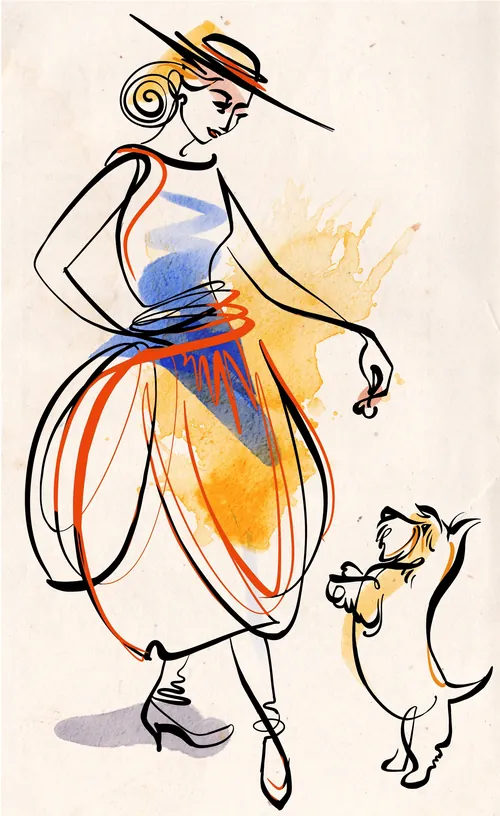 Illustration of a woman in a dress playing with a small dog
