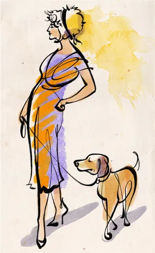 Woman in orange dress walking a dog with watercolor splash background