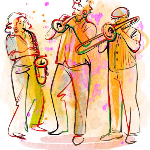 Klezmer musicians in a burst of color