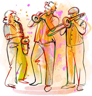 Klezmer musicians in a burst of color