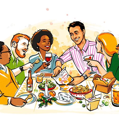 Friends sharing drinks and snacks around a table in a lively gathering