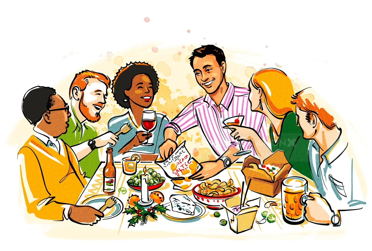 Friends sharing drinks and snacks around a table in a lively gathering